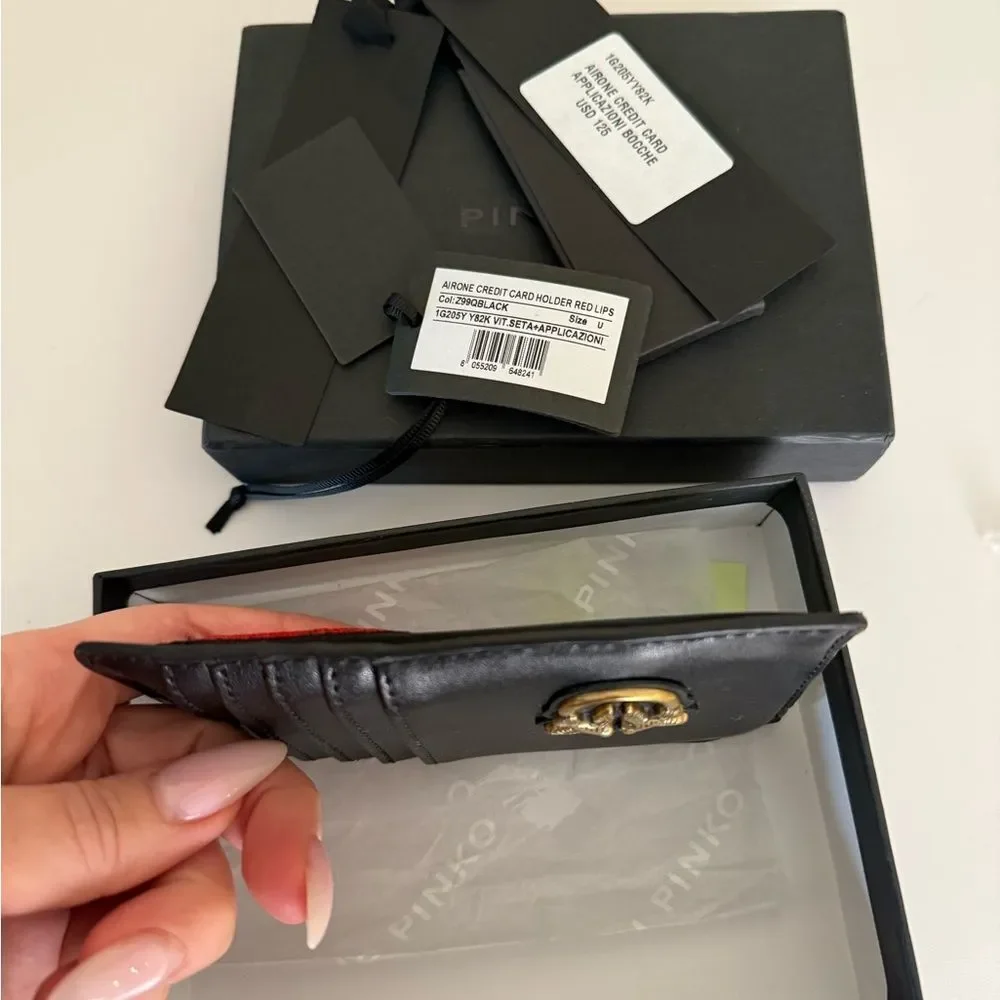 Pinko AIRONE Black Card Holder with Gold Detail & RED LIPS like new. With Box